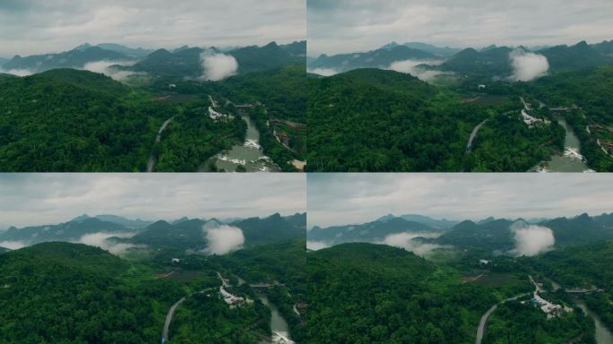 中国贵州安顺，上午鸟瞰山川。