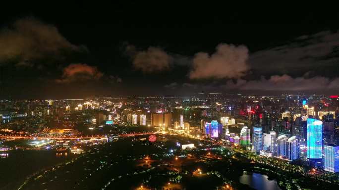 海口夜景 海口市滨海大道高楼群灯光秀