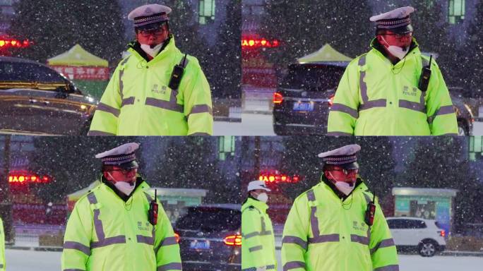 大雪中的街道行人交警升格慢镜头