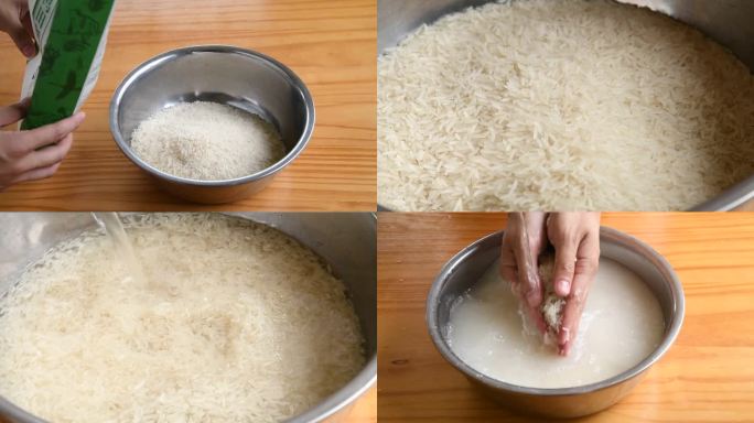 倒米放水淘米 煮米饭