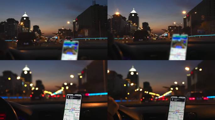 北京城市长安街灯夜景光开车驾驶手机导航