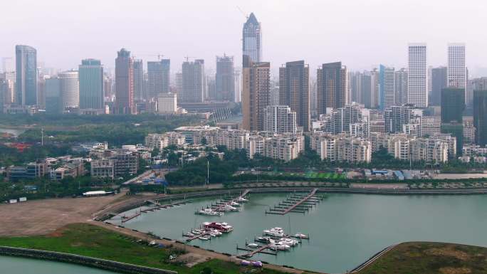 4K航拍海南省海口市填海造陆带城市风光