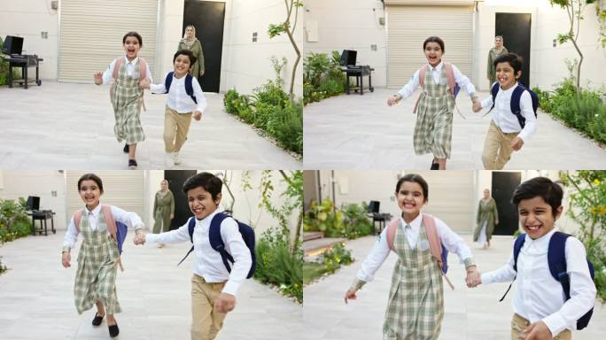 笑着从学校回家的沙特小学生