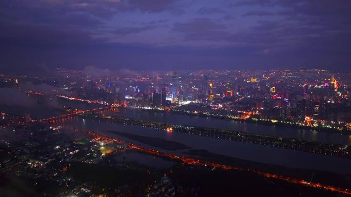 4K长沙湘江橘子洲岳麓山城市夜景航拍