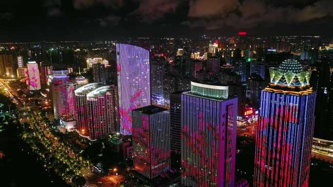 海南夜景 海口市滨海大道高楼群灯光秀