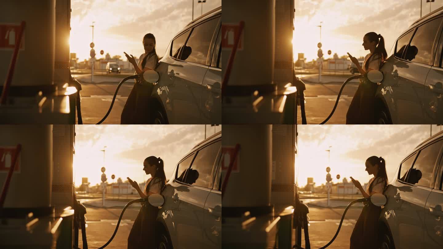 日落时分，一名年轻女子在给汽车油箱加油时使用手机