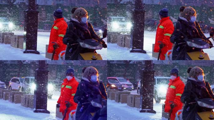 大雪中的街道行人清洁工升格慢镜头