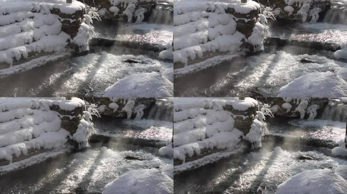 冬季水磨沟公园冰雪树挂温泉水流水汽童话
