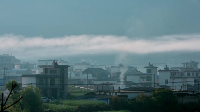 乡村振兴视频晨雾笼罩村庄村镇