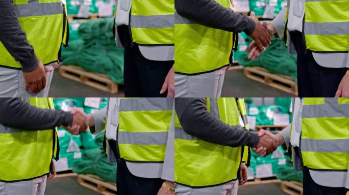 4k视频画面显示，一对无法辨认的男女在仓库工作时握手