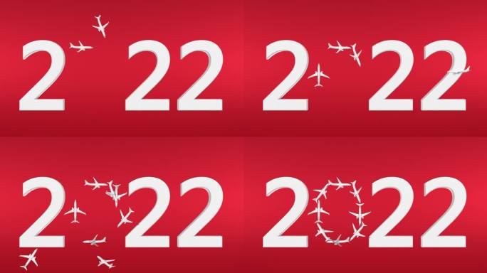 2022年圣诞旅行主题：飞机在4K分辨率的红色背景上制作数字零