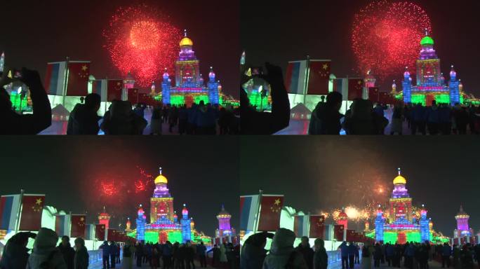 2012年哈尔滨冰雪大世界 礼花  游人
