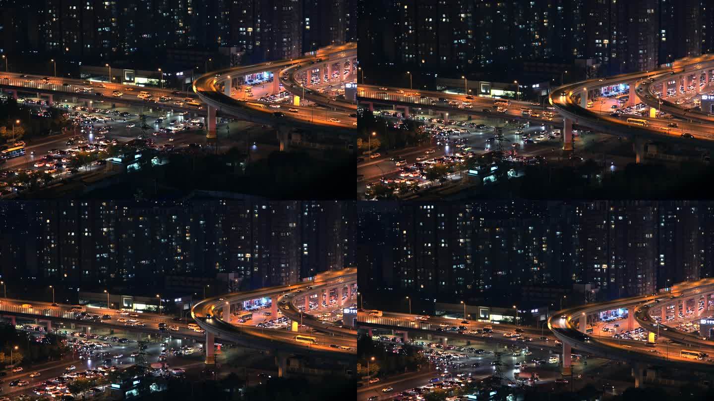 北京国贸CBD炫丽夜景路口车流交通晚高峰