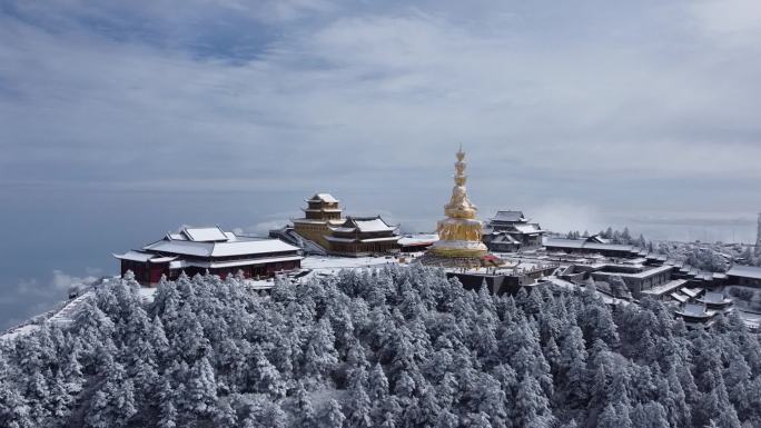 四川佛教名山峨眉山金顶大佛航拍，云海雪景