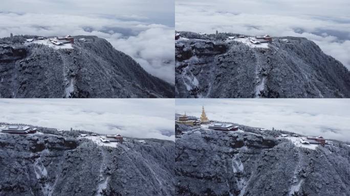 四川佛教名山峨眉山金顶大佛航拍，云海雪景