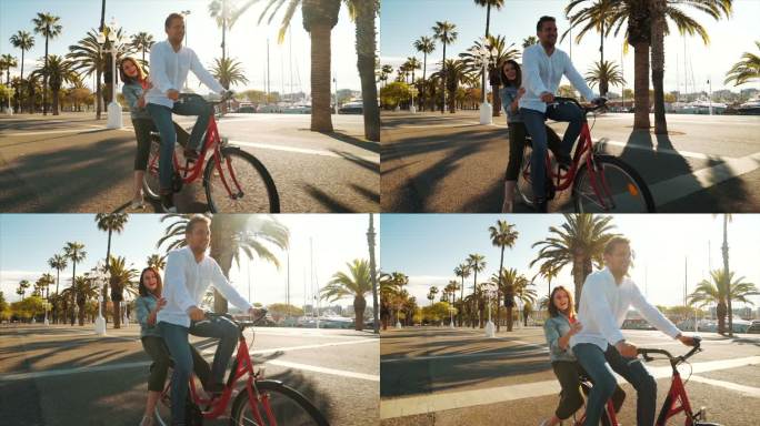 快乐的夫妇一起骑自行车。