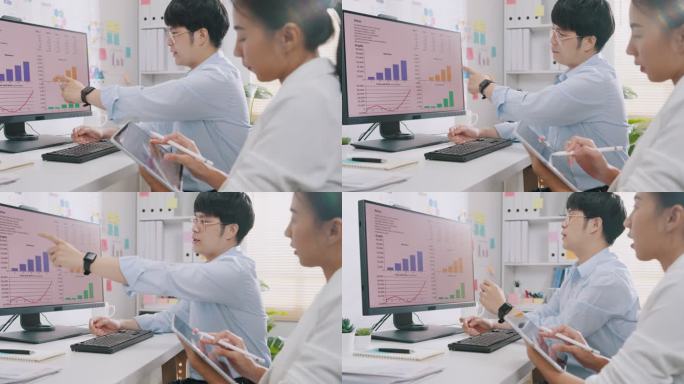 年轻的亚洲商人和穿着正式衬衫的女商人坐在电脑显示器前，看着屏幕讨论演示中的图表报告，并在办公室的平板
