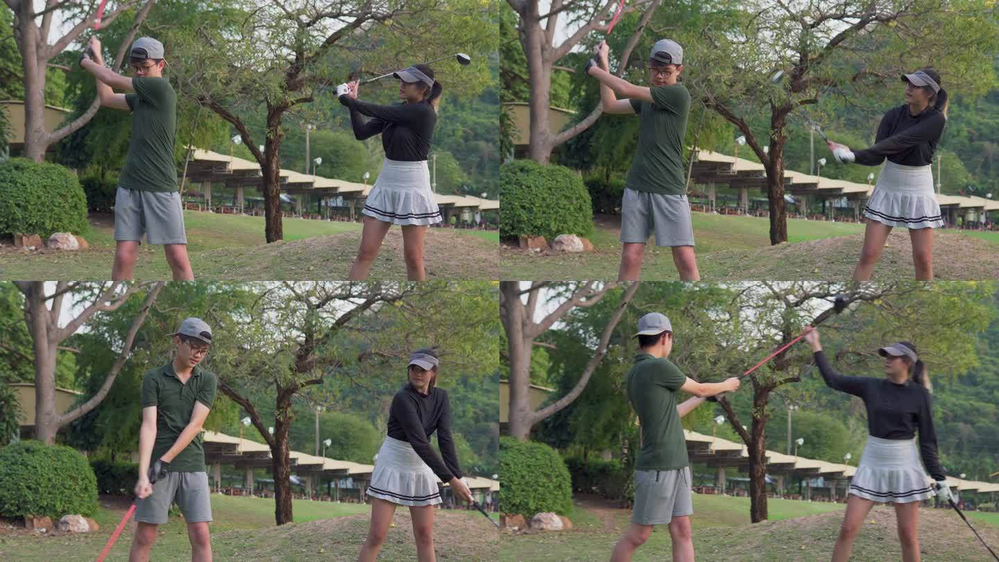 亚洲现役女高尔夫球手，教男孩在高尔夫球场上打高尔夫