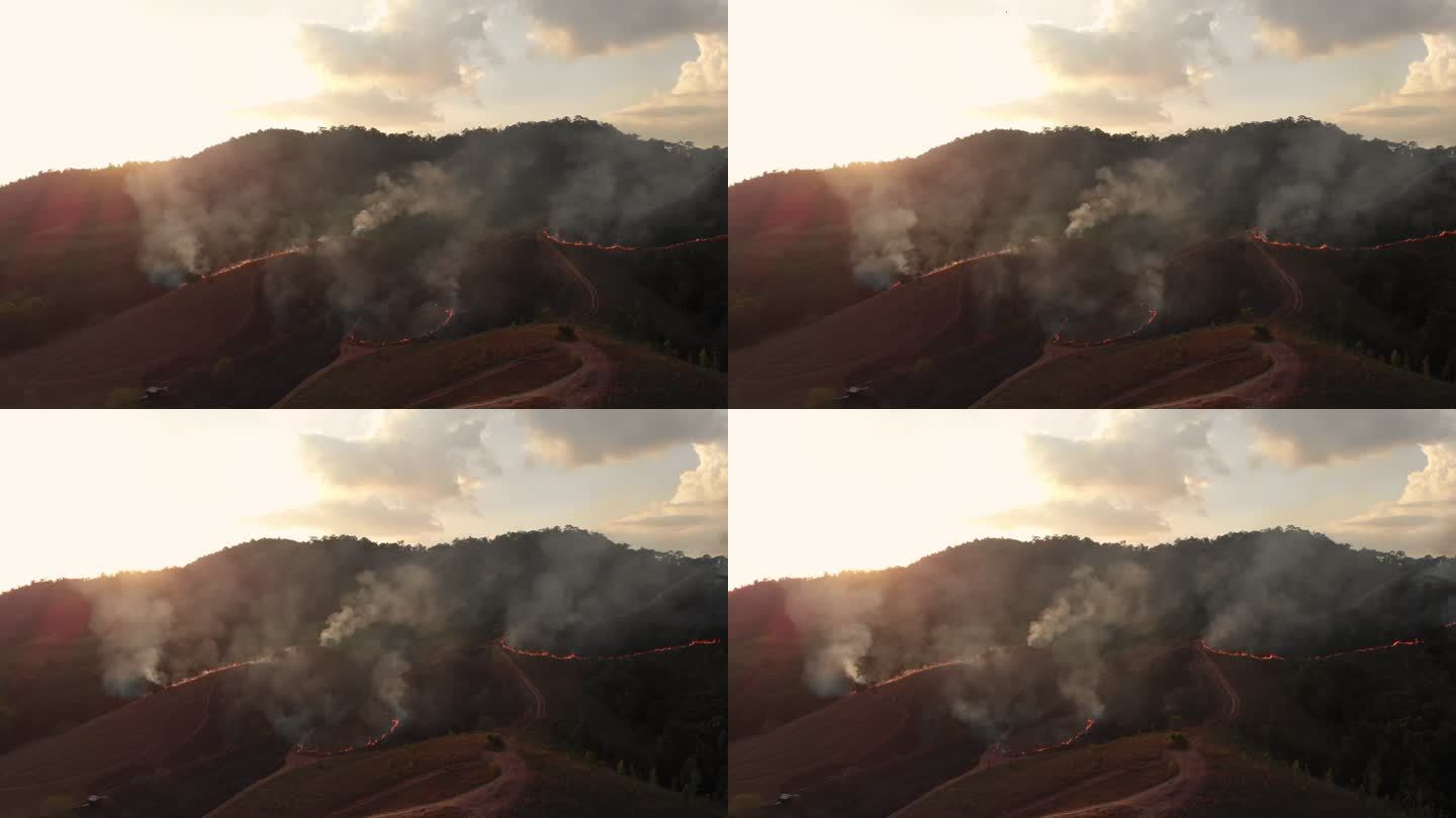 日落时分森林大火的4k鸟瞰图和相机拍摄。