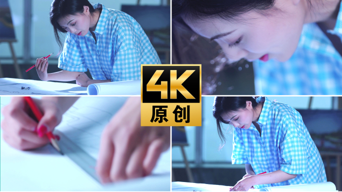【4K】美女设计师画图纸美女画图纸