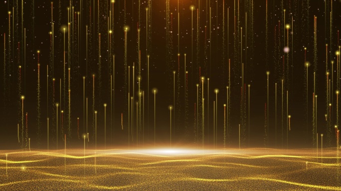 金色粒子上升和粒子波浪舞台背景