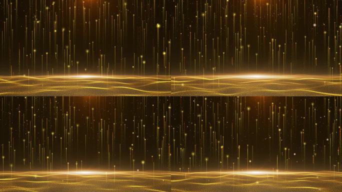 金色粒子上升和粒子波浪舞台背景