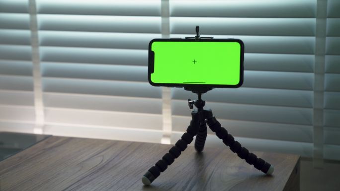 手机的绿色屏幕放在家里的支架上。