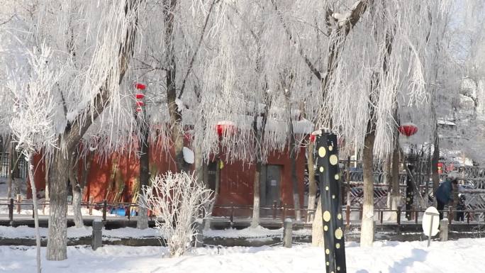 冬季水磨沟公园冰雪树挂亭子灯笼雕塑游人