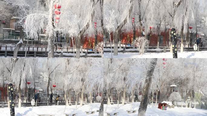 冬季水磨沟公园冰雪树挂亭子灯笼雕塑游人