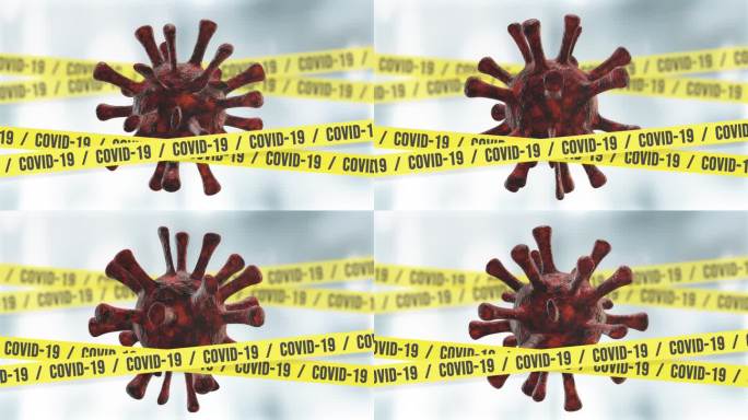 白色背景上的冠状病毒胶带屏障，4K可循环Covid-19动画