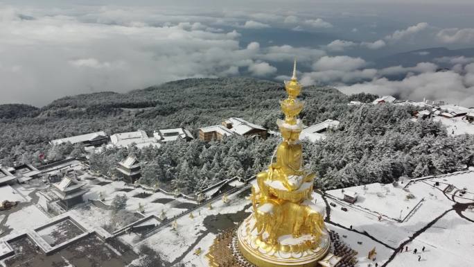 四川佛教名山峨眉山金顶大佛航拍，云海雪景