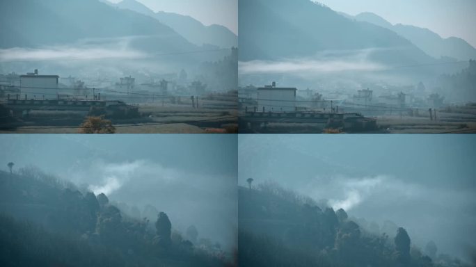 乡村振兴视频晨雾笼罩村庄山林
