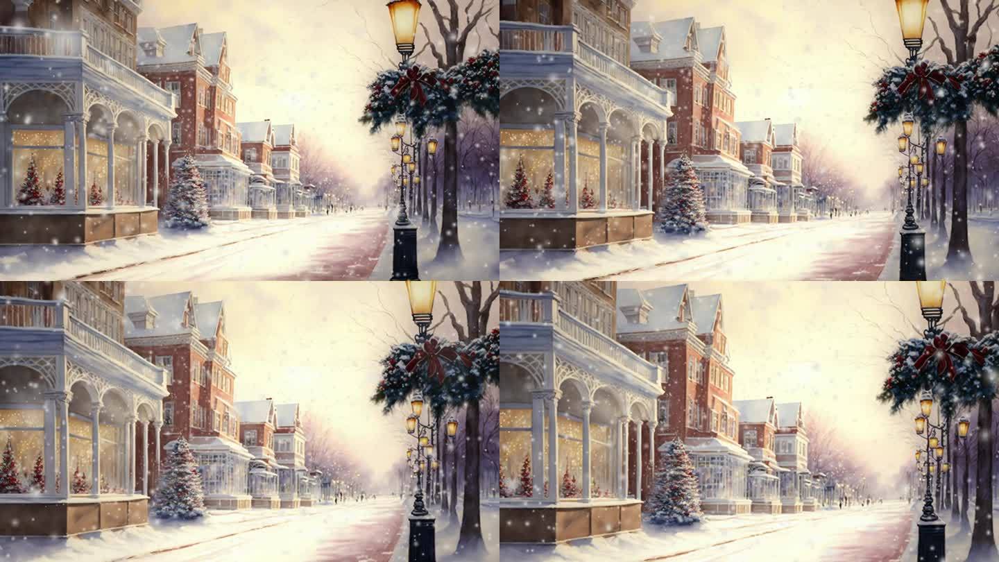 欧洲街道冬日雪景
