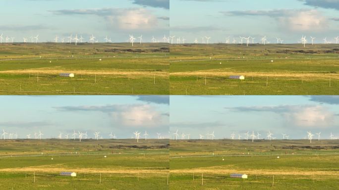 4k航拍草原 大型风力发电厂