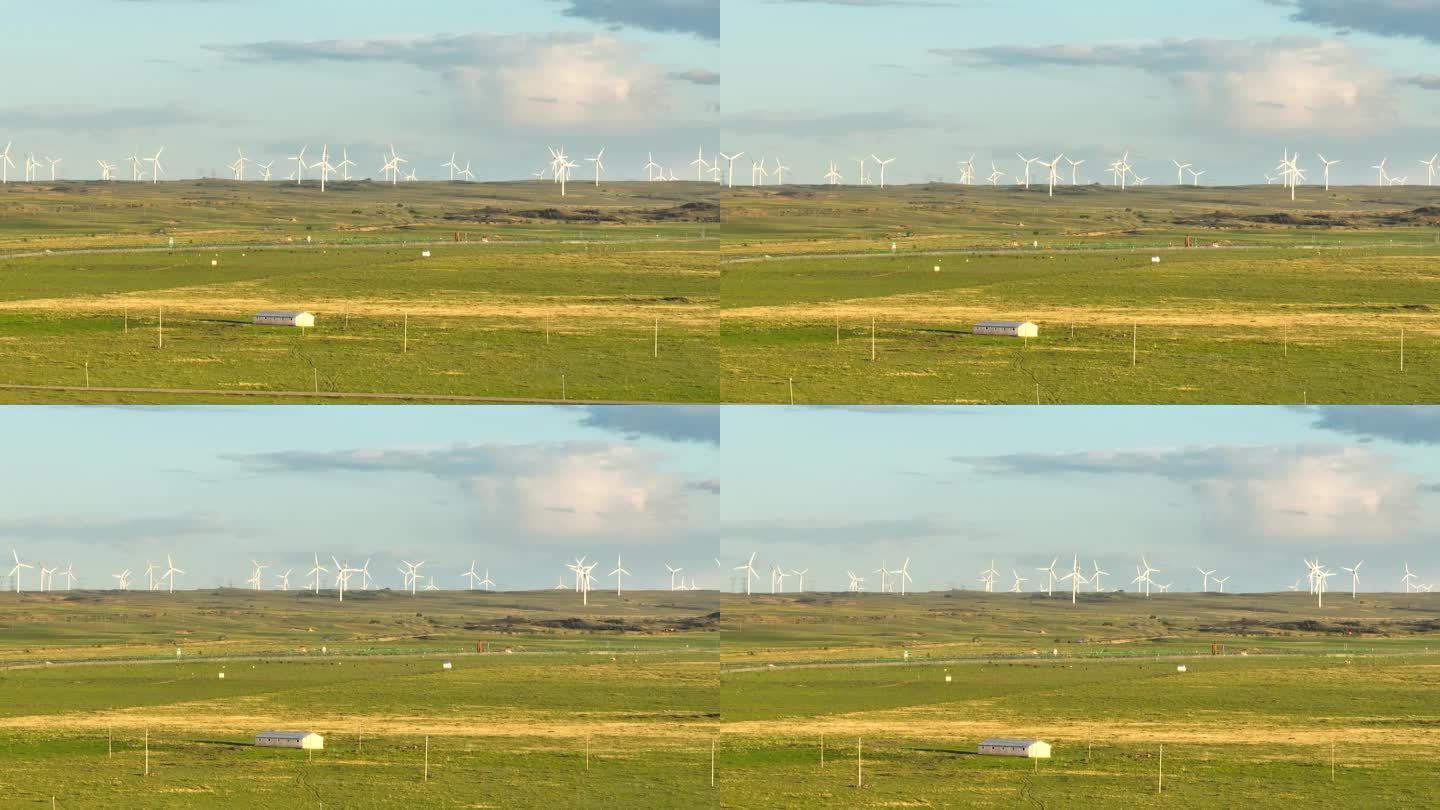 4k航拍草原 大型风力发电厂