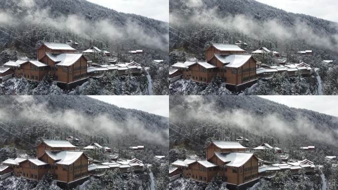 四川名山峨眉山冬季航拍，云雾缭绕山林雪景