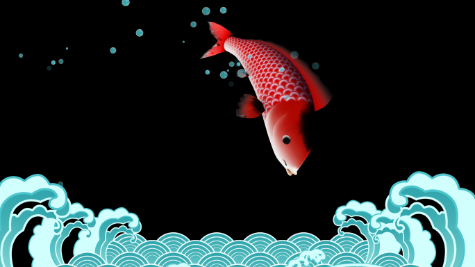 4K带通道红色锦鲤鱼跳跃浪花