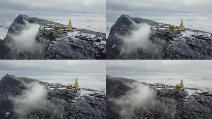 四川佛教名山峨眉山金顶大佛航拍，云海雪景