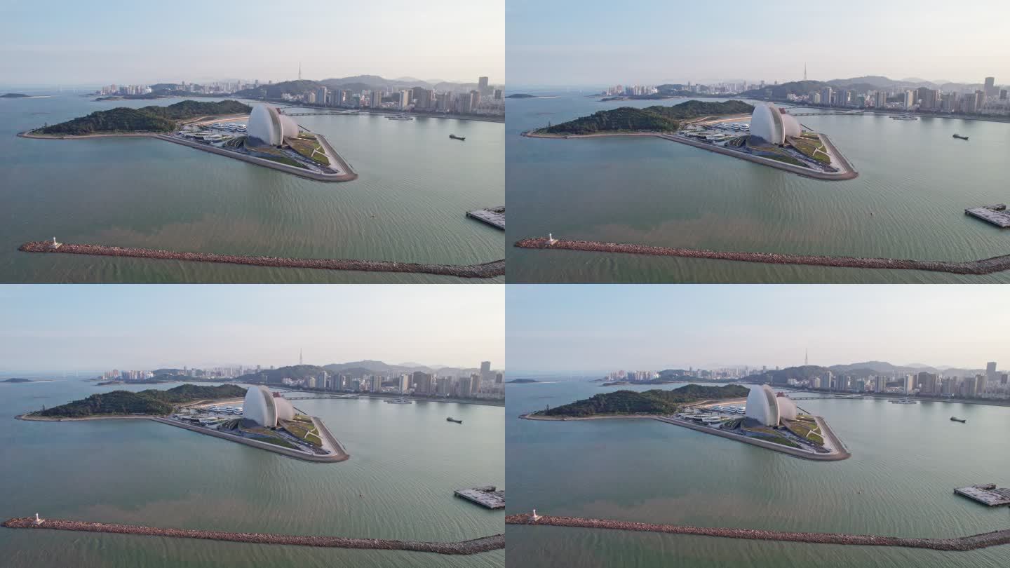 4k珠海日月贝海上歌剧院贝壳建筑航拍视频