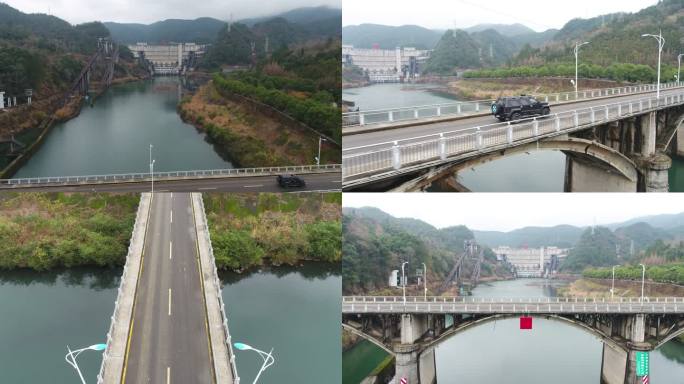 浙江丽水水库小桥桥梁车辆驶过路上跟车航拍