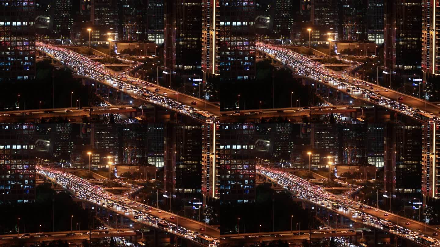 北京国贸CBD炫丽夜景路口车流交通晚高峰