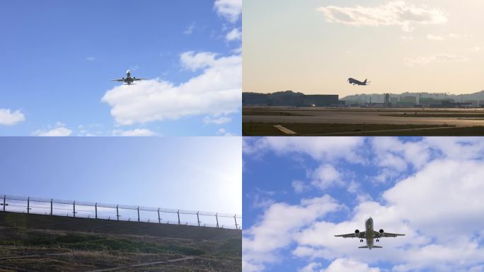 多组飞机从天空飞过-航班飞机起飞飞机降落