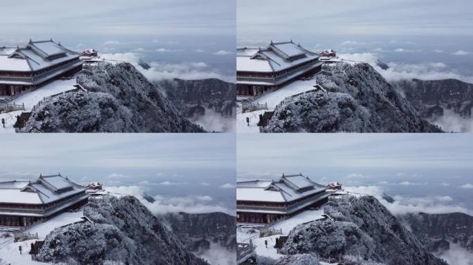 四川佛教名山峨眉山金顶航拍，云海缭绕雪景