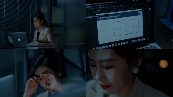 白领女深夜加班工作用眼疲劳眼睛干涩不舒服