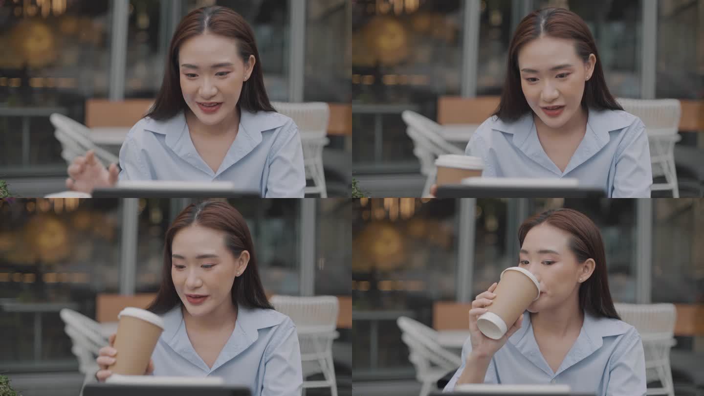 喝咖啡的女人商务女性户外喝咖啡视频通话