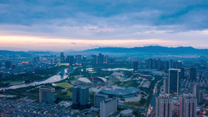 义乌城市风光日转夜航拍延时