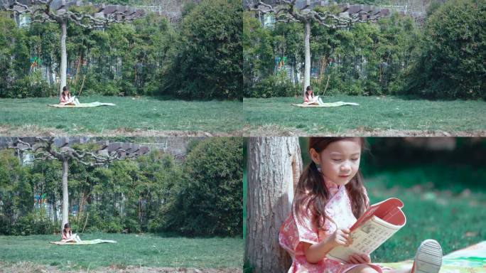 小女孩在树下看书读书学习沐浴阳光