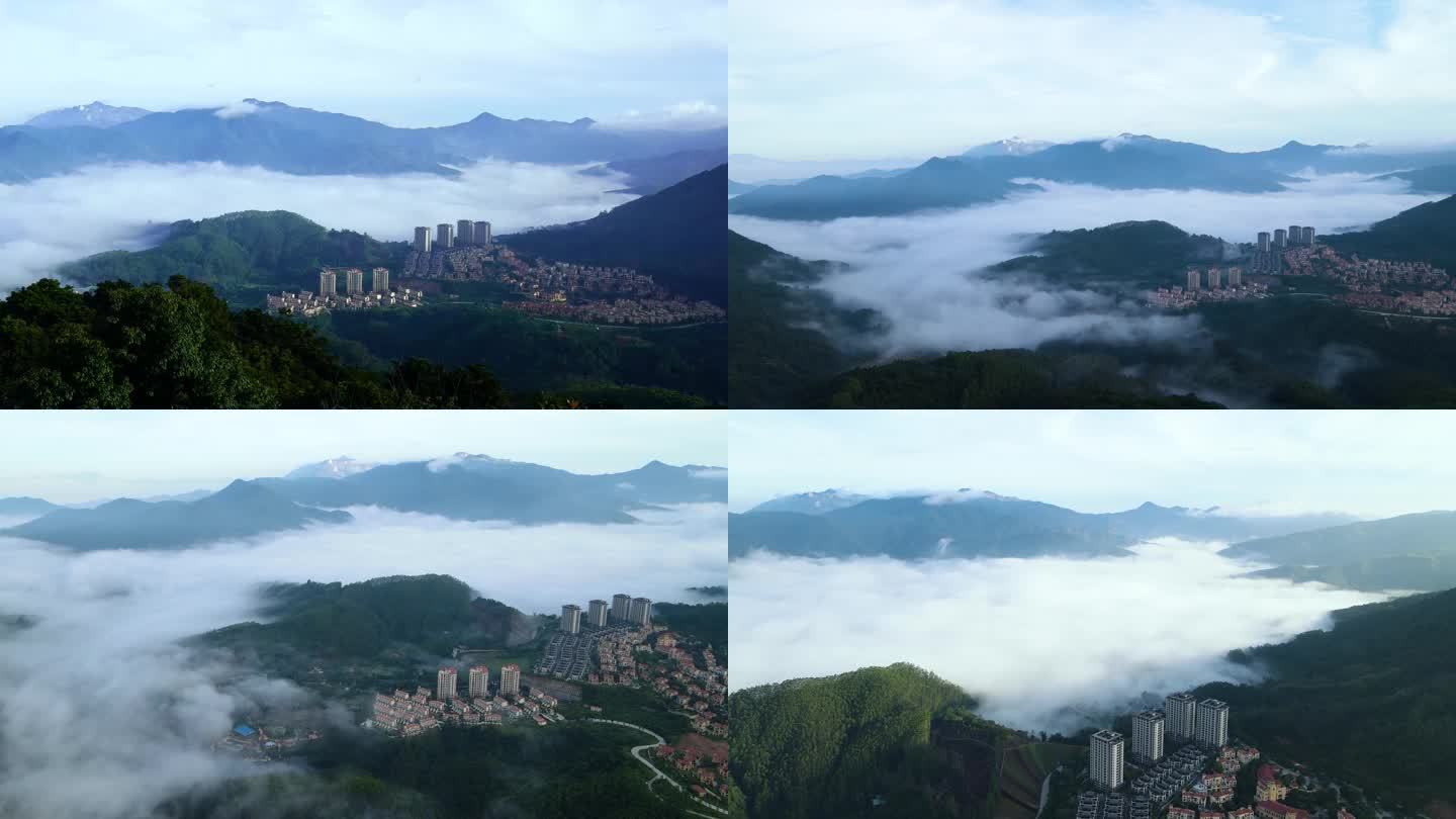 云雾云海下的山边小区楼盘4K航拍