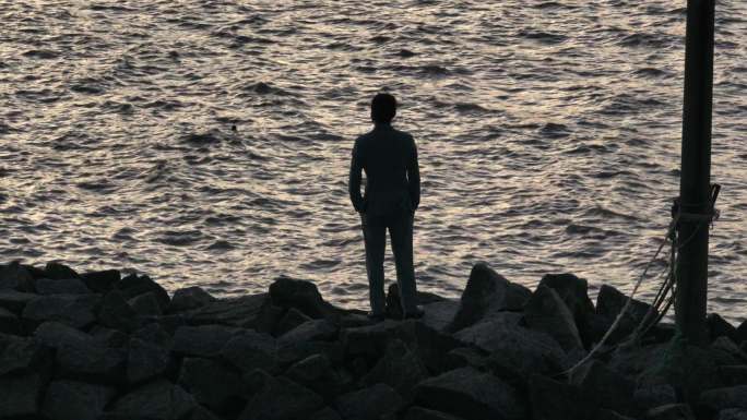 4K原素材-航拍长江堤岸、孤独、一个人