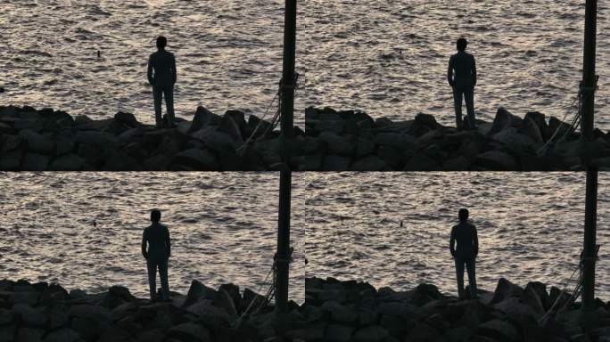 4K原素材-航拍长江堤岸、孤独、一个人